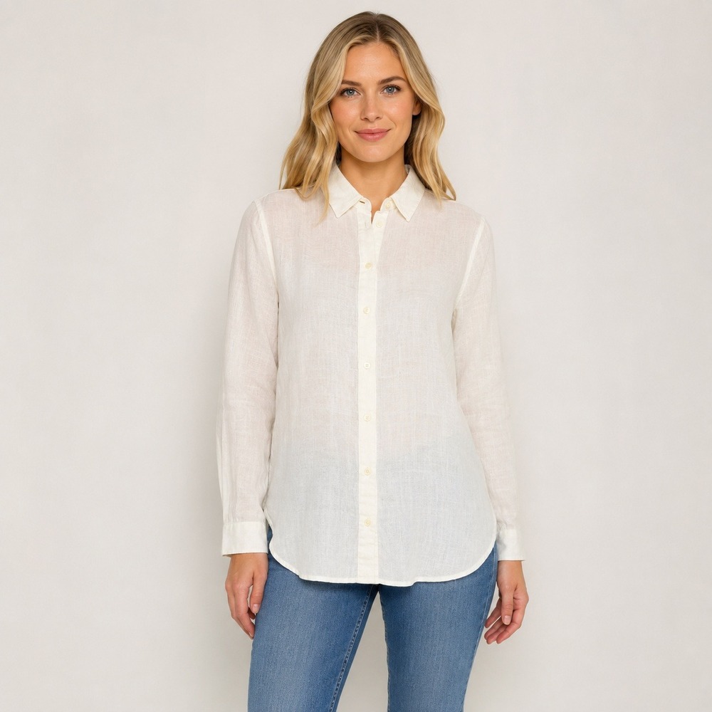 MNG Mango 100% Linen‎ Button Front Shirt Blouse Ivory Women's Small